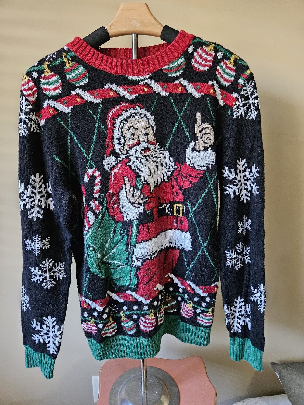 Ugly Holiday Christmas Sweater Santa Claus Thumbs Up - Size L